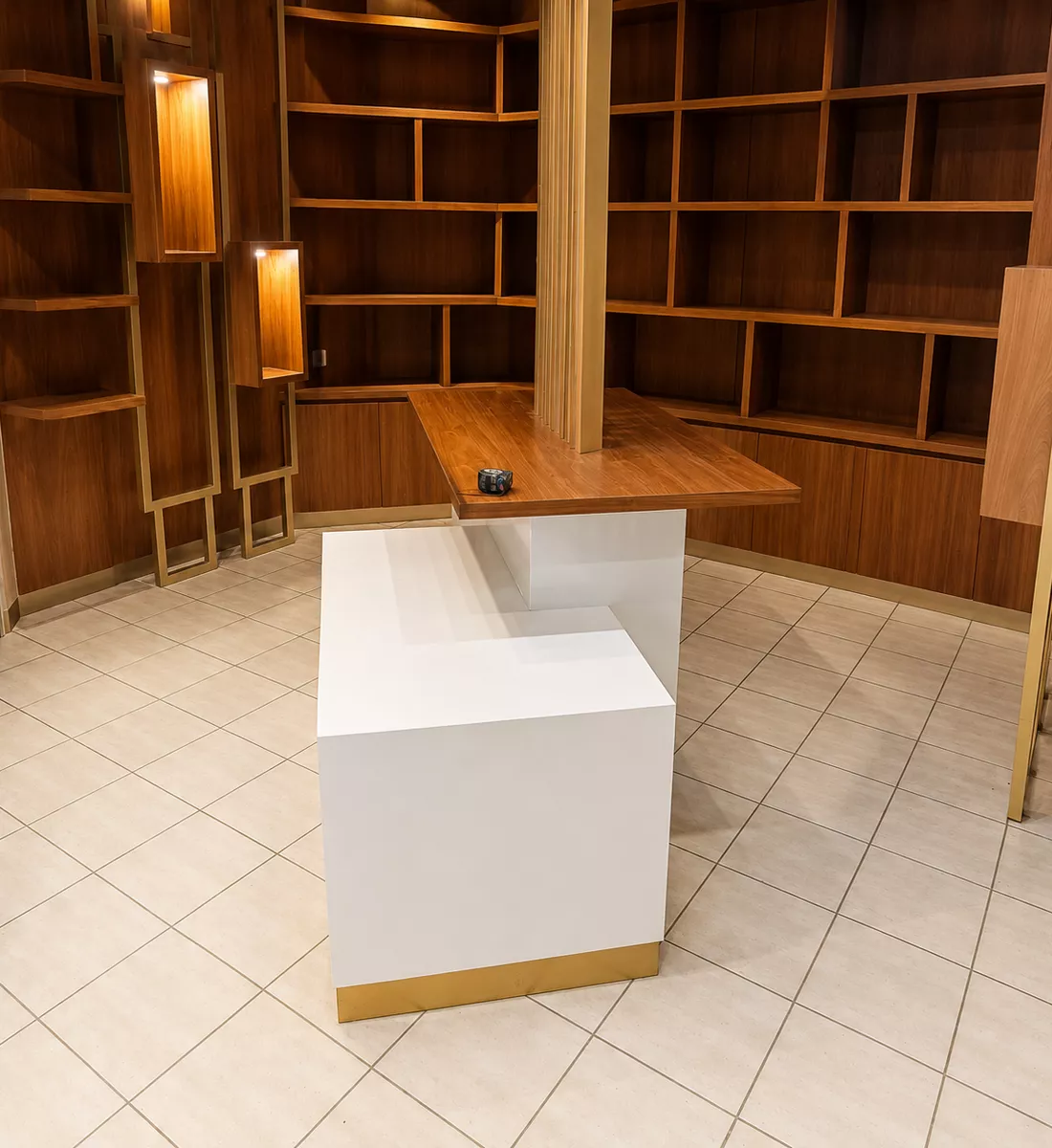 Murano-fitted reception and wood-paneled shelving detail