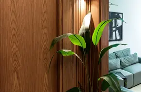 Murano wood-paneled entrance detail with greenery